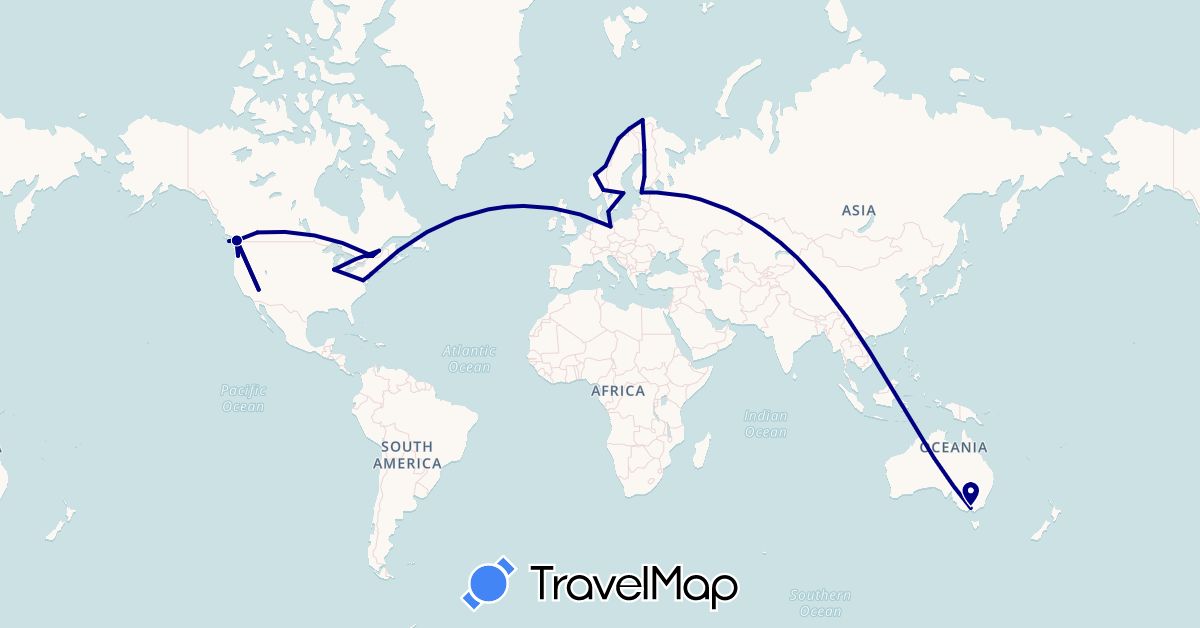 TravelMap itinerary: driving in Australia, Canada, Germany, Denmark, Estonia, Finland, Norway, Sweden, United States (Europe, North America, Oceania)